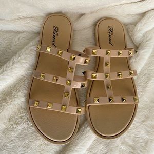 Gold studded slide on strap sandals